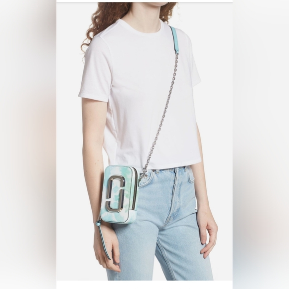 Marc Jacobs Hot Shot Leather Crossbody Bag Silver Chain Tie Dye Blue Multi NWT - Picture 2 of 13